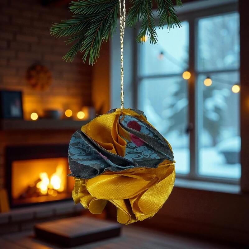 Boule de Noël en soie bleu or